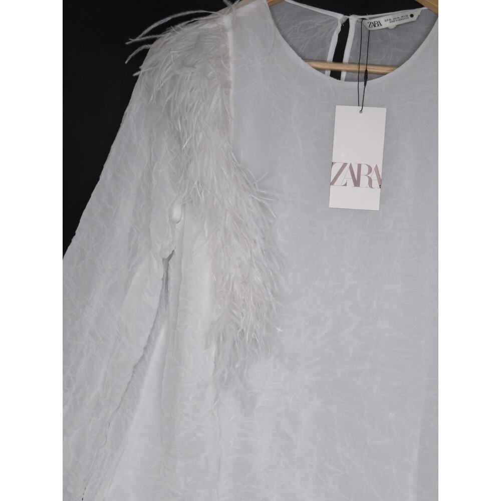 Zara White Feather-Trim Long Sleeve Blouse